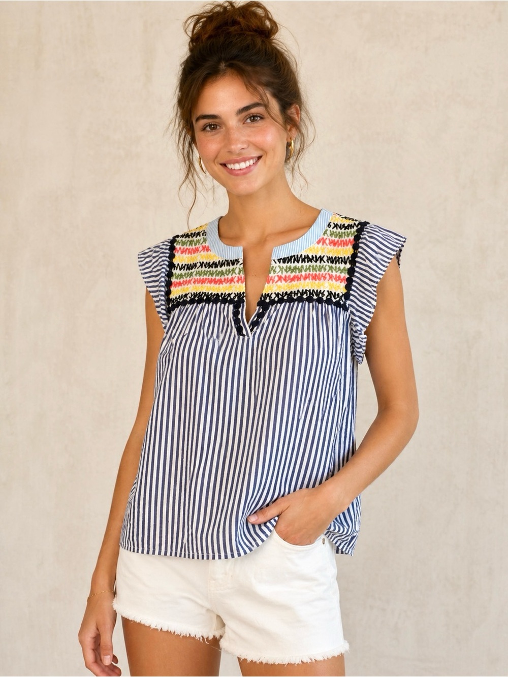 THML Navy & White Embroidered Flutter Sleeve Top Preppy Coastal Boho Summer XS - Picture 2 of 7